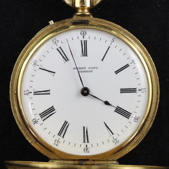 A late 19th century Swiss 18ct gold and black enamel keyless cylinder hunter fob watch by Henry Capt, in original box,